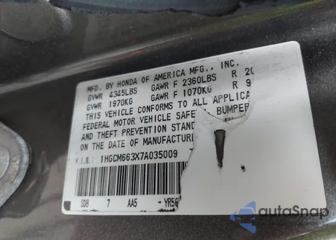 2007 Honda Accord 3.0 Lx z USA, uszkodzony, nr VIN 1HGCM663X7A035009